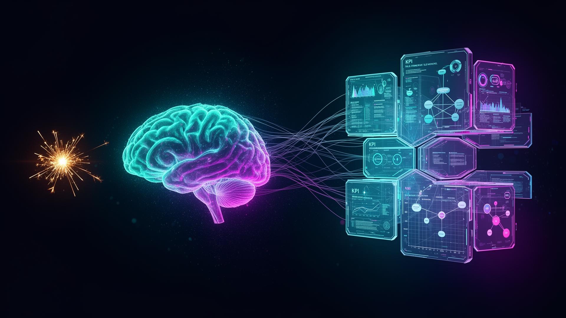 A spark of an idea processed by a glowing neural cortex into a holographic execution blueprint