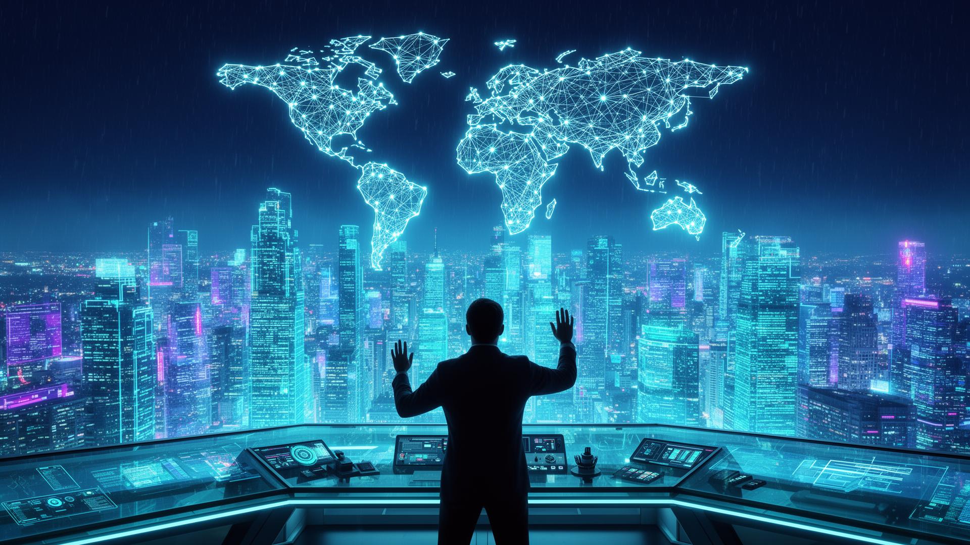 Operator at a futuristic command desk overlooking a luminous neon city with a glowing global network overhead