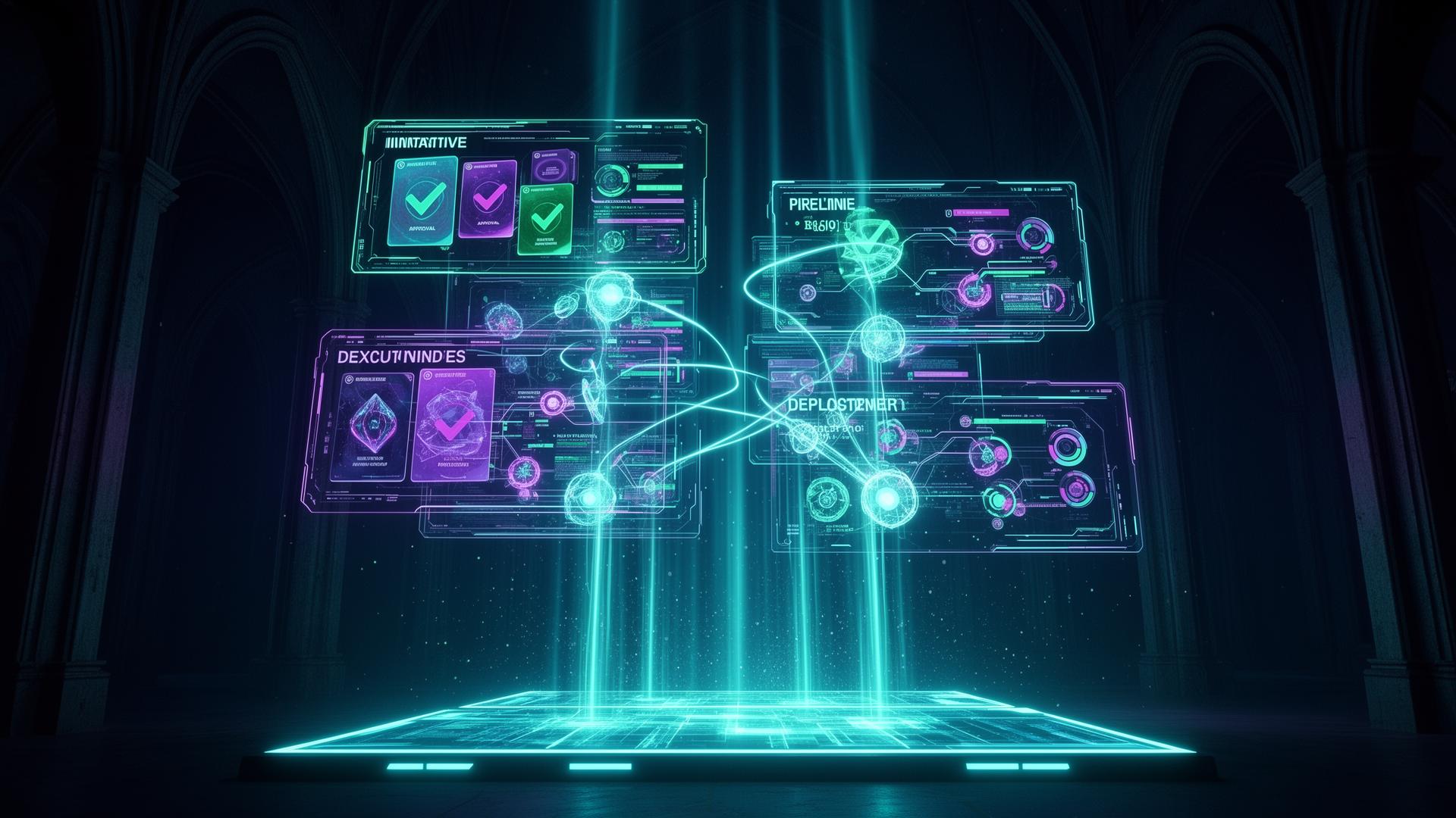 Floating holographic command surfaces showing initiatives, approvals, and pipelines deploying to a glowing platform